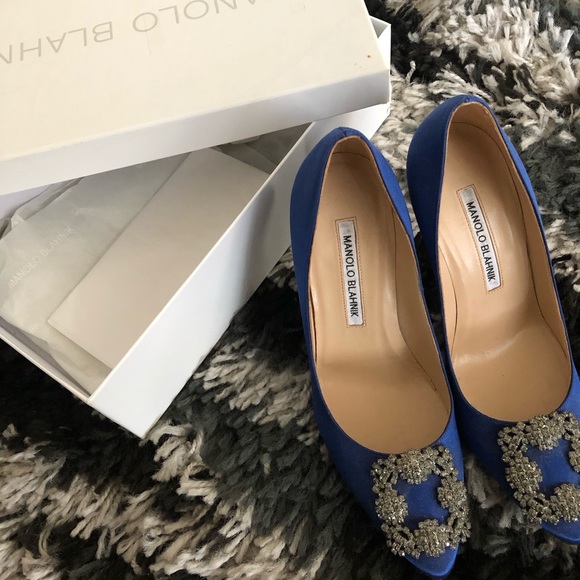 Manolo Blahnik Blue Satin Jewel Buckle Heels 10cm - Picture 2 of 2
